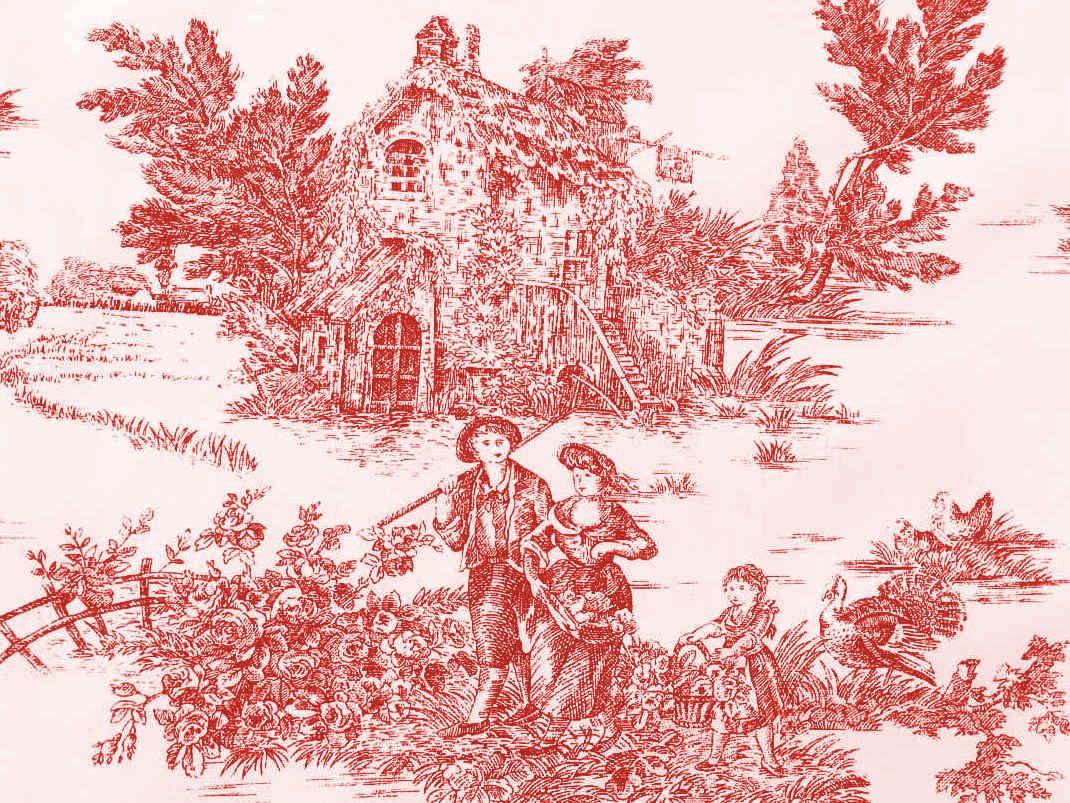 Tessuto Fantasia Toile de Jouy Colore Rosso Antico | Prodotto nel Monferrato | 100% Puro Cotone | In vendita al metro a multipli 1 Metro x 1,80 Metro Altezza