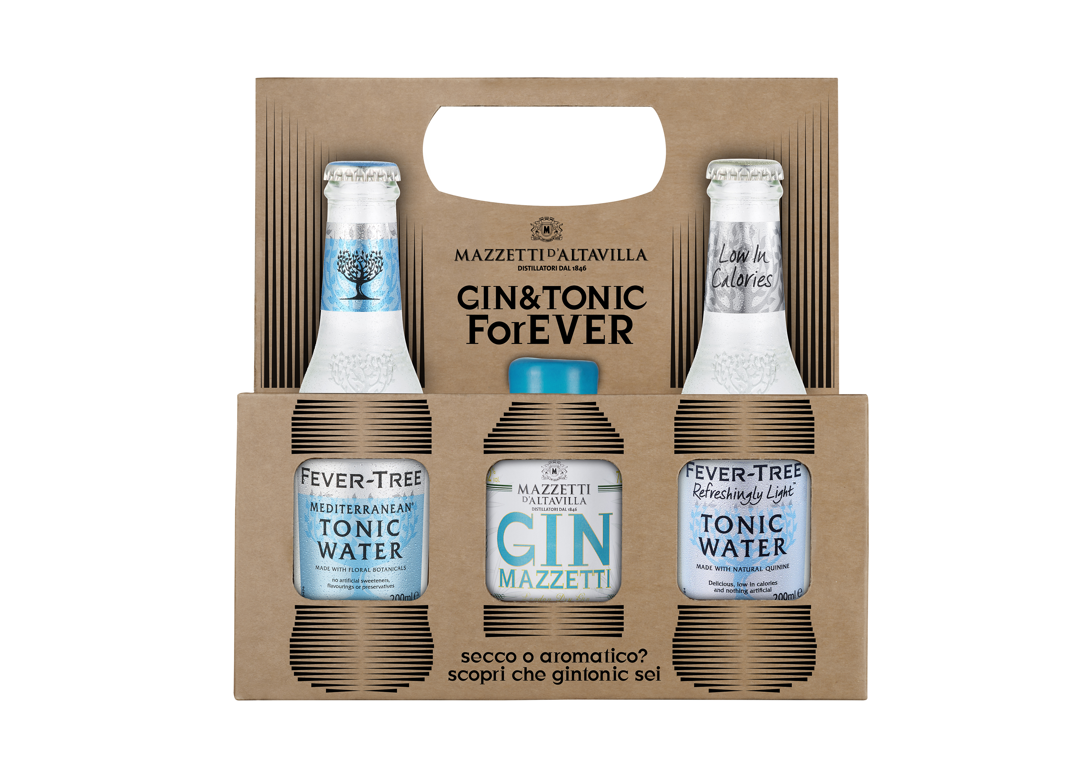 GIN & TONIC F(or)EVER - GIN MAZZETTI 42% 10 cl con TONIC WATER NATURALLY LIGHT e TONIC WATER MEDITERRANEAN – FEVER-TREE 20 cl