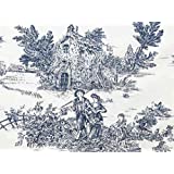 Tessuto Fantasia Toile de Jouy Colore Blu Notte | Prodotto nel Monferrato | 100% Puro Cotone | In vendita al metro a multipli 1 Metro x 1,80 Metro Altezza