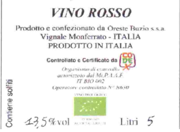 Bag in Box 5 Litri VINO ROSSO BIO BARBERA