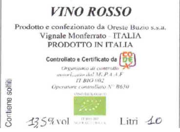 Bag in Box 10 Litri VINO ROSSO BIO BARBERA